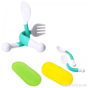 2 Pack Baby Spoon Fork Set with Carrying Case Children Feeding Spoon and Fork Adjustable Fun Training with Bonus Travel Case (green) - B078TG2MFX